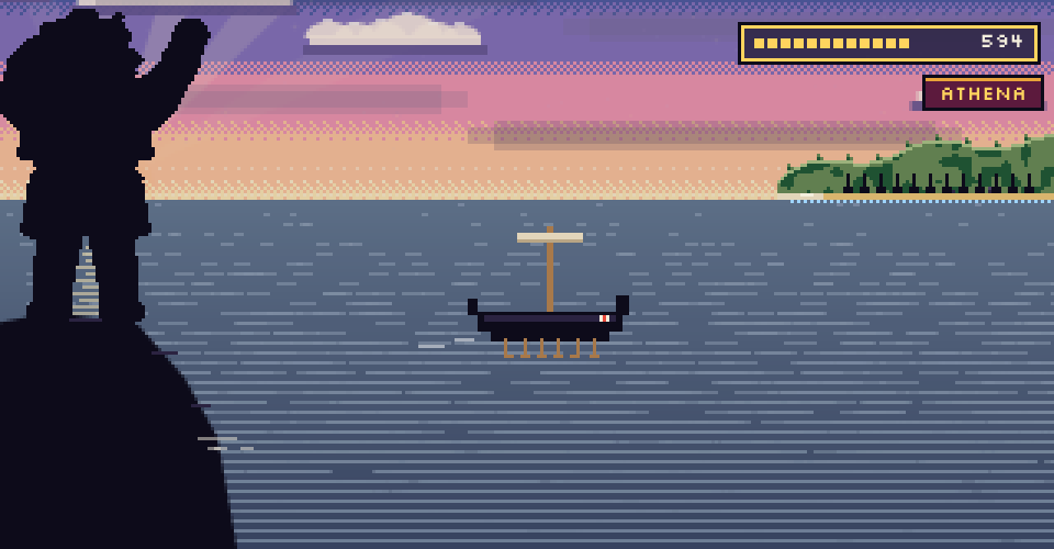 A lone ship rows out across the strait at dusk while the giant stands on the shore.